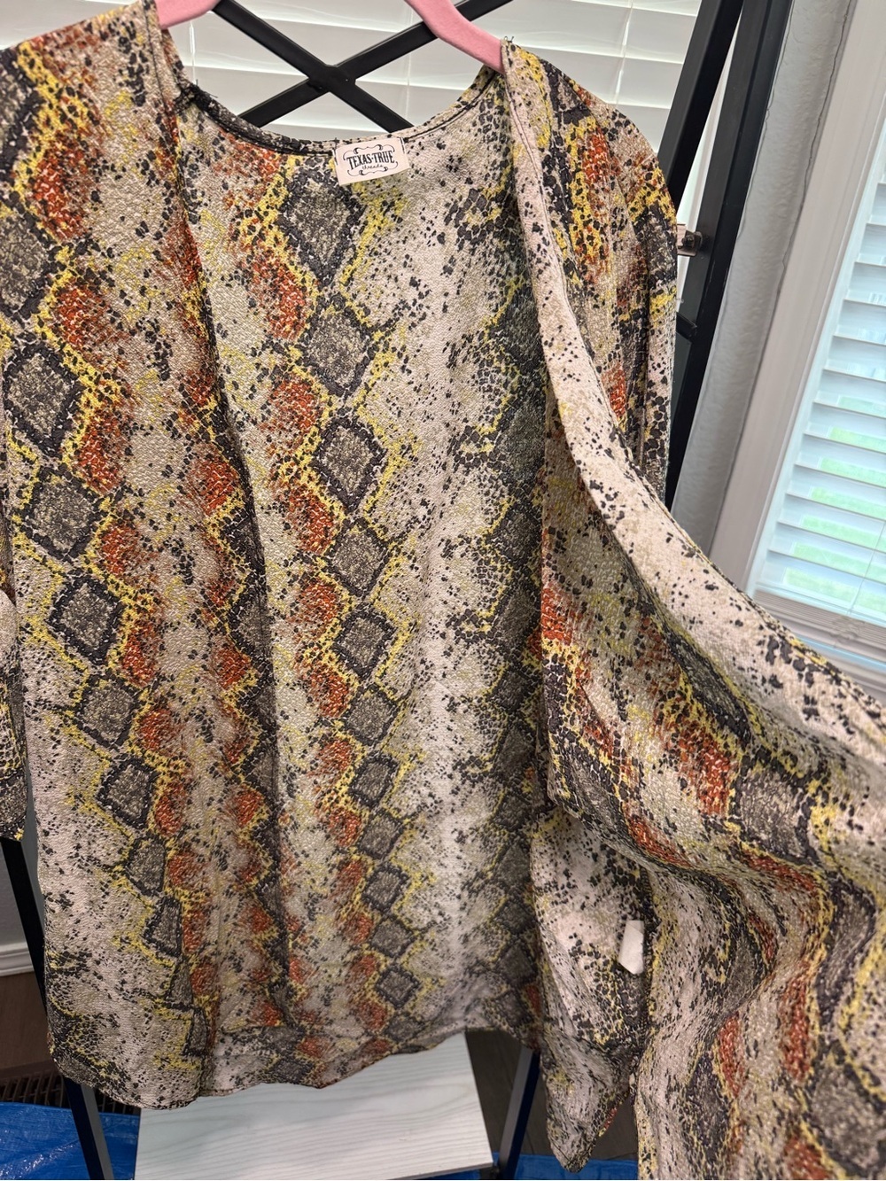 Texas True Threads Snake-Print Top in Beige with Yellow & Rust Accents - Picture 2 of 6
